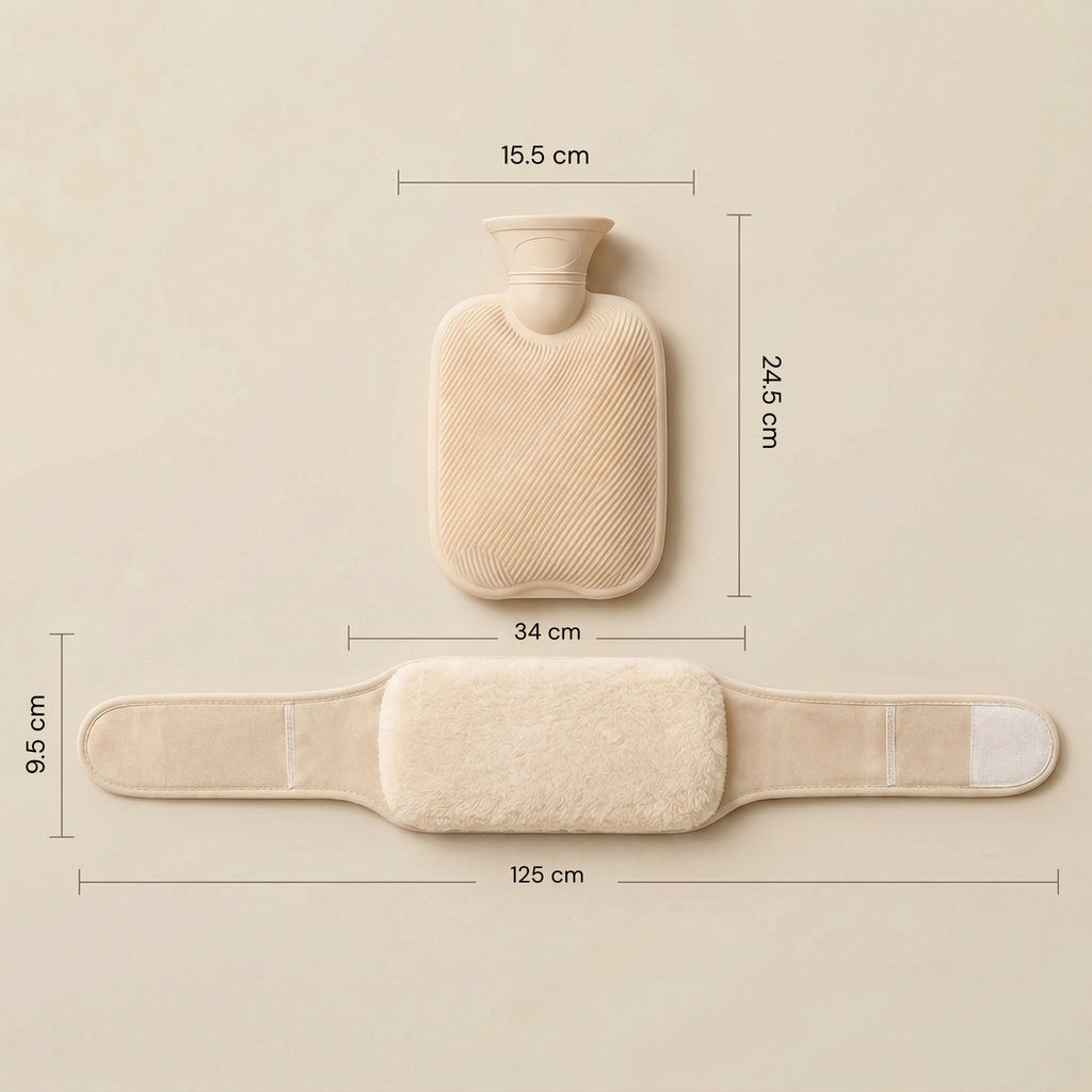 Dimensions de la ceinture bouillotte 1L - LUNEA avec bouillotte à la main et bandage ajustable.